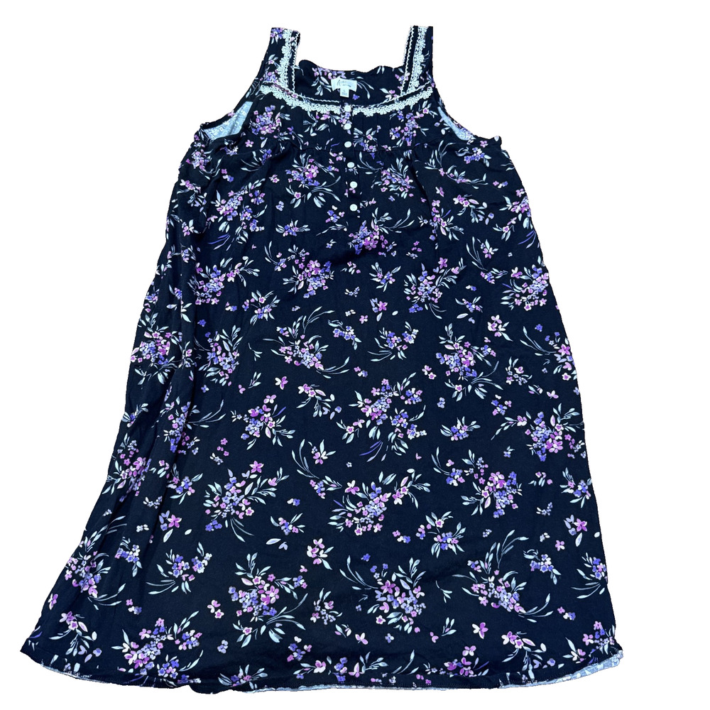 ARIA Nightgown 100% Cotton Sleeveless Black Floral sz L Cottagecore Boho Summer
